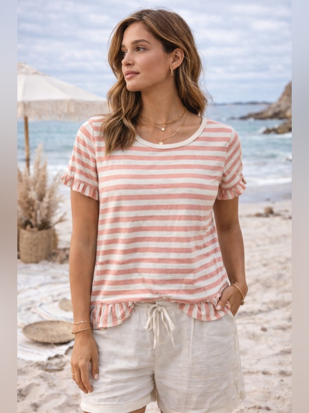 NWT Cotton Bleu Coral Stripe Ruffle Hem Top Size Small Coastal Boho Tee